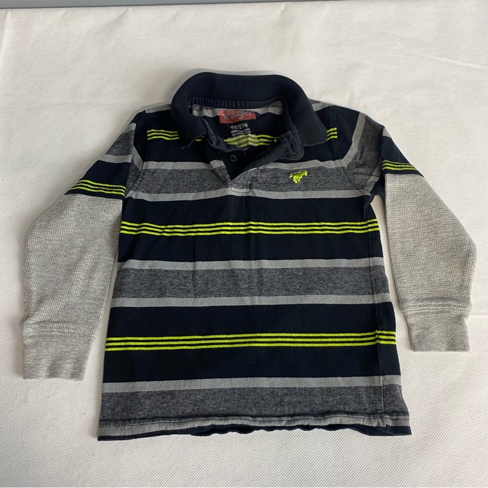 Vtg Wrangler Toddler Boys Sz 4T Long Sleeve Polo Shirt Black Gray Green Striped